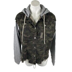 Oddi Women Large Denim Hoodie Jacket Green Camo Gray Sleeve Distressed NWT
